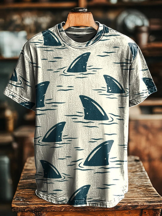 Unisex Fun Shark Corner Print Casual Loose Tee