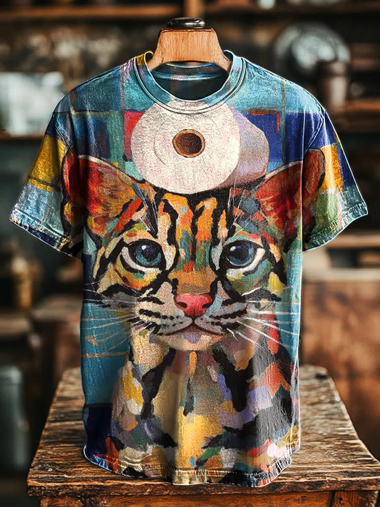 Unisex Fun Cat & Toilet Paper Print Casual Loose Tee