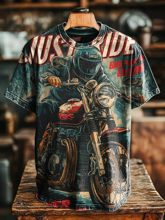 Unisex Retro Biker Just Ride Printed Casual Loose  Tee