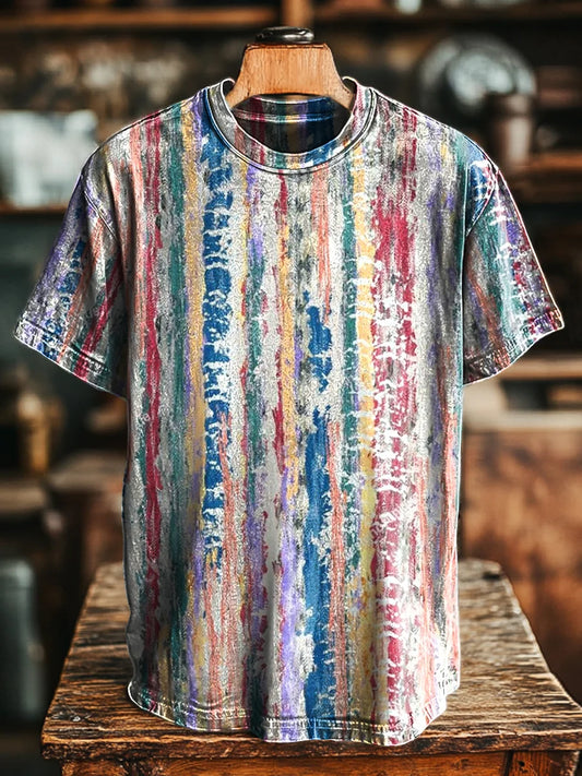 Unisex Retro Abstract Stripe Print Casual Loose  Tee