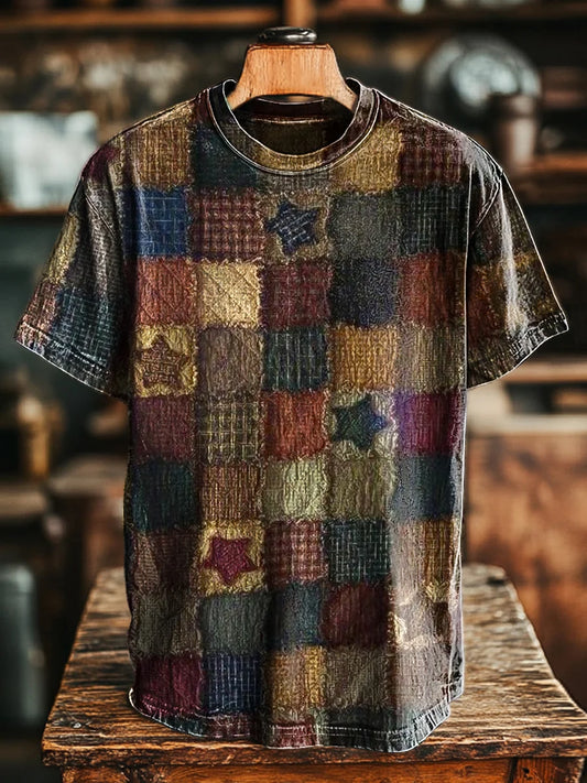 Unisex Retro Geometric Splicing Printed Casual Tee