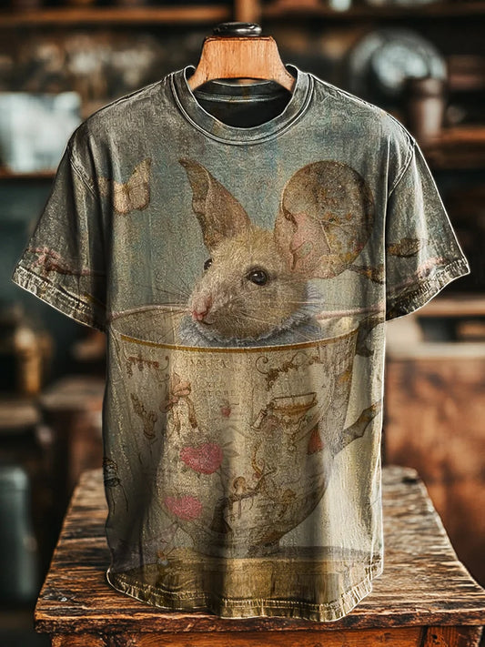 Unisex Retro Fun Teacup Mouse Print Casual Loose Tee