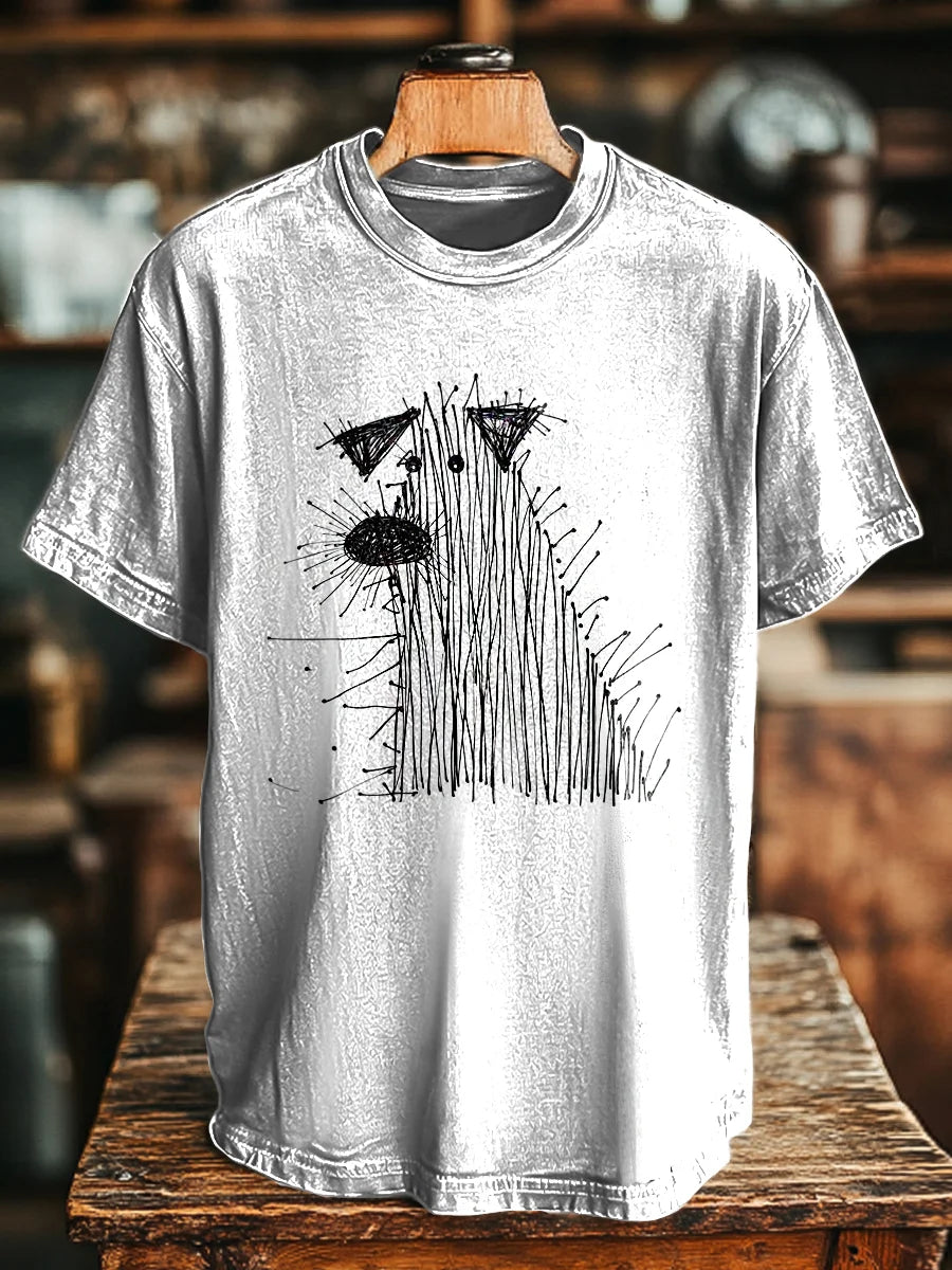 Unisex Retro Abstract Line Dog Print Casual Loose   Tee
