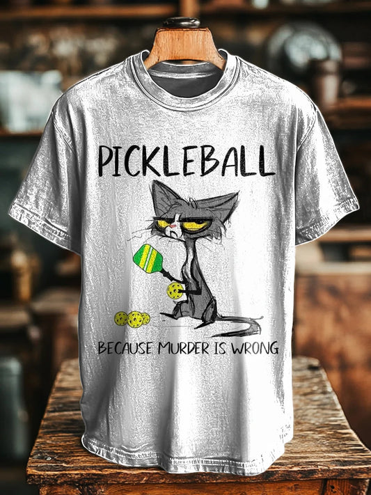 Unisex Retro Fun Cat Pitball Printed Casual Loose  Tee