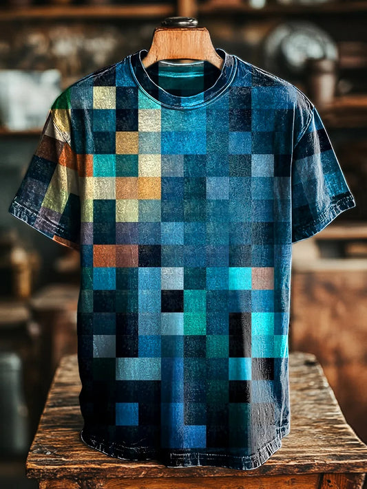 Unisex Retro Colorful Plaid Printed Casual Loose  Tee