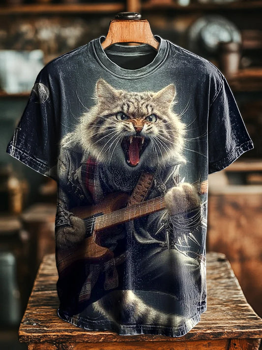 Unisex Retro Rock Cat Print Casual Loose e Tee