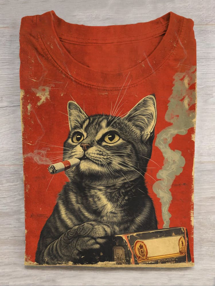 Retro Smoking Cat Art Print Unisex Tee