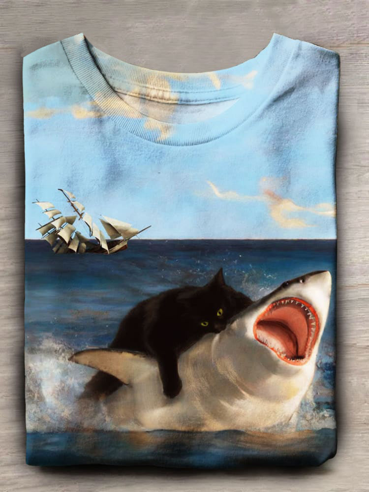 Funny Shark and Cat Print Unisex Tee