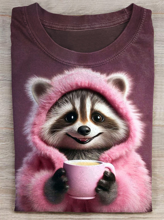 Cute Raccoon With Coffee Art Print  Unisex Tee