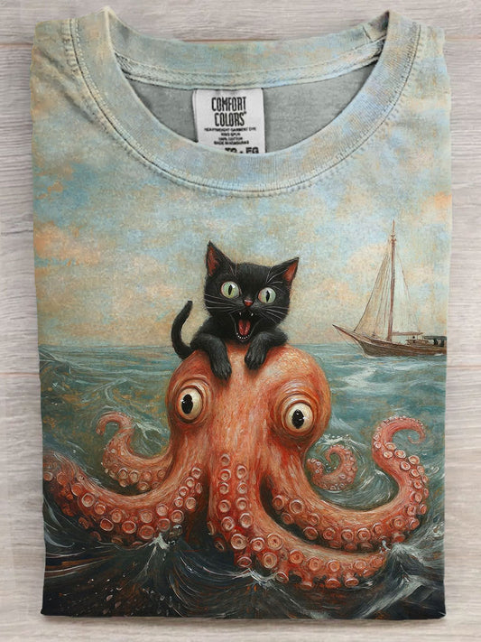 Fun Black Cat Vs. Octopus In Renaissance Painting Unisex Tee