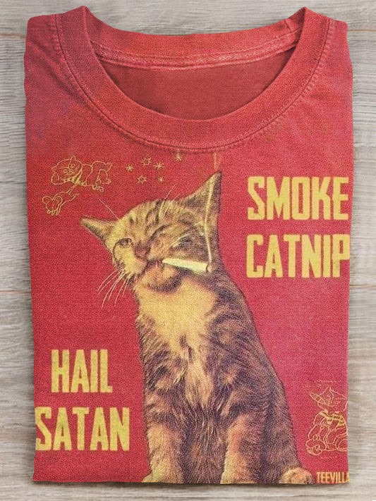 Vintage Smoke CatNip Hail Satan Cat Art Print Unisex Tee