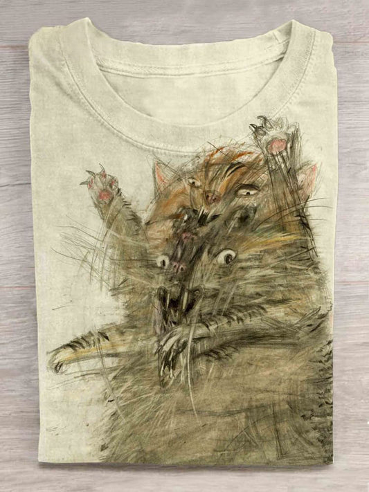 Vintage Cut Cat Print Unisex Tee