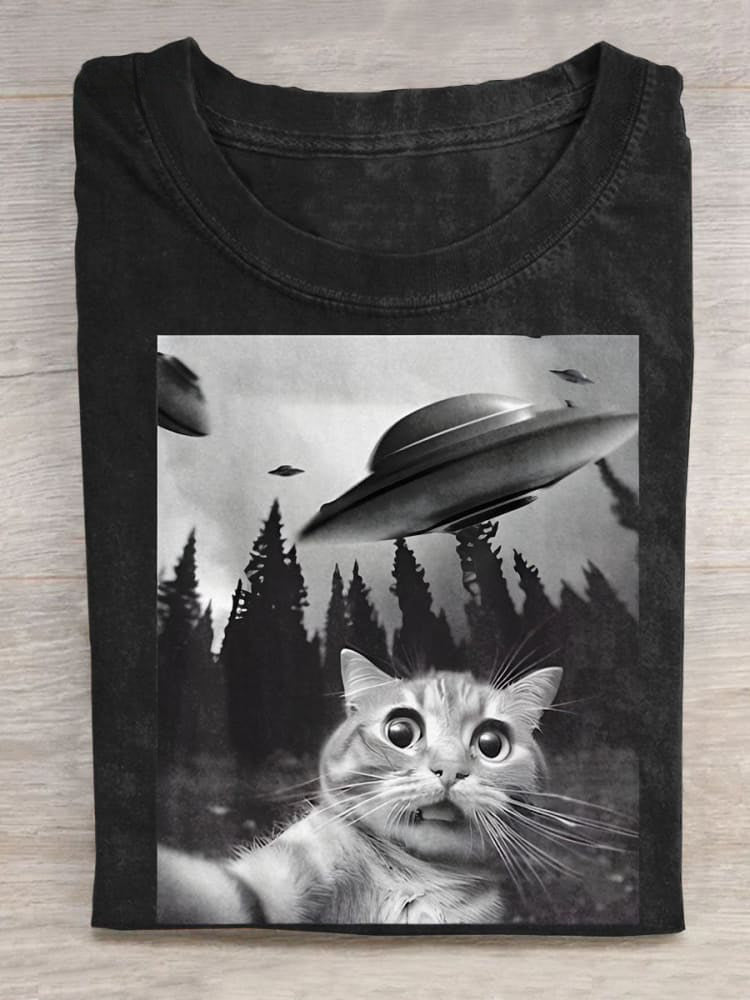 Funny Cat Spaceship Art Casual Print Unisex Tee