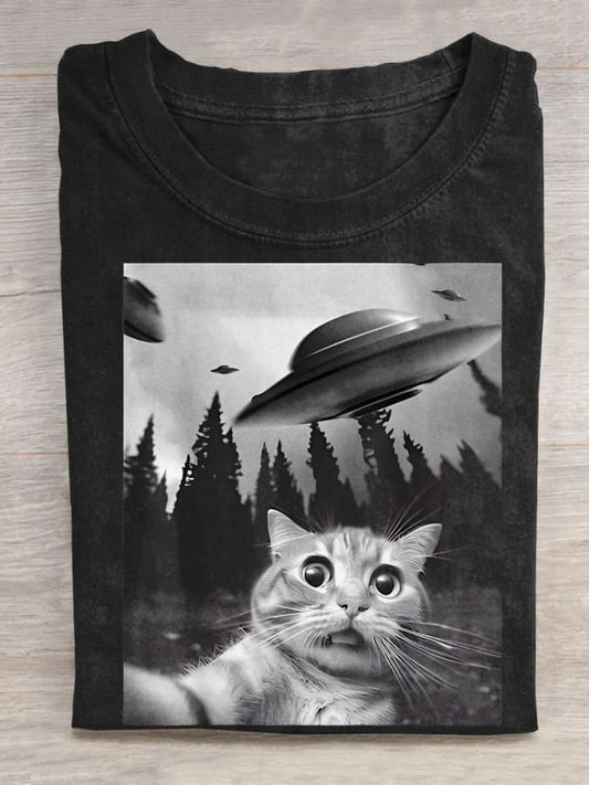 Funny Cat Spaceship Art Casual Print Unisex Tee