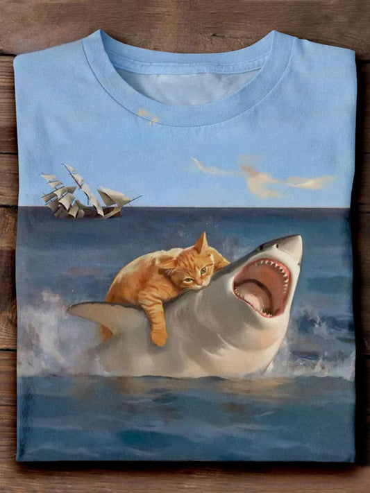 Orange Fat Cat vs. Shark Funny Art Print Unisex Tee