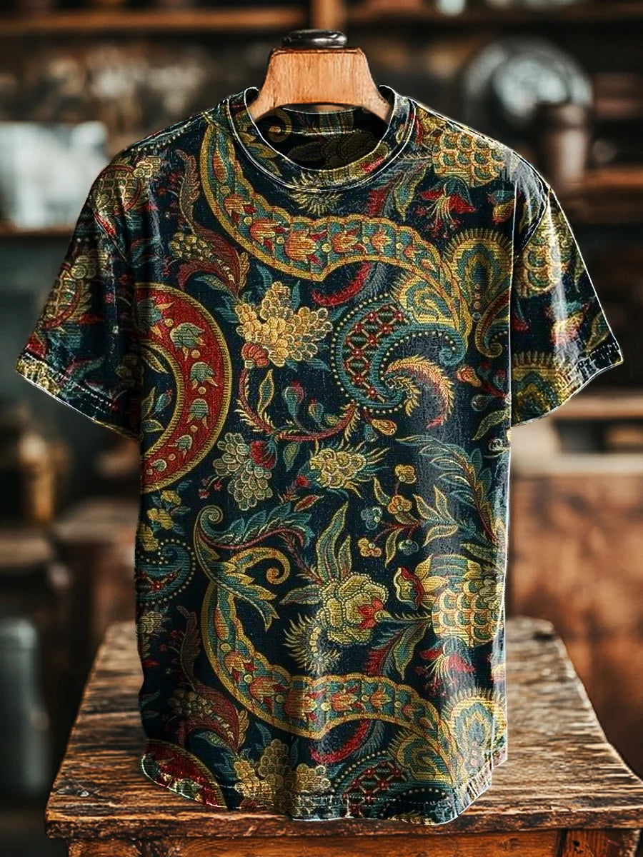 Unisex  Ethnic Retro Floral Print Casual Loose Tee