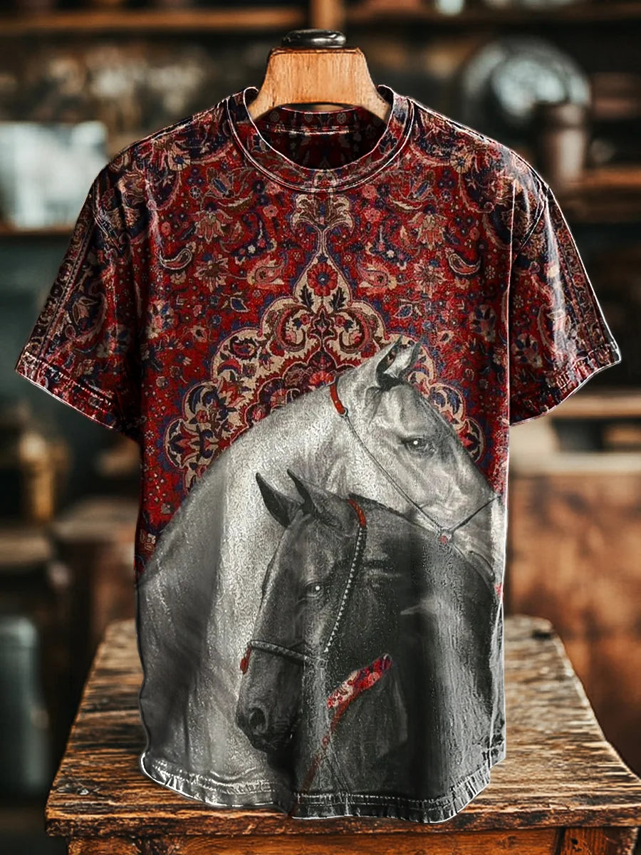 Unisex Retro Ethnic Floral Horse Print Loose Tee
