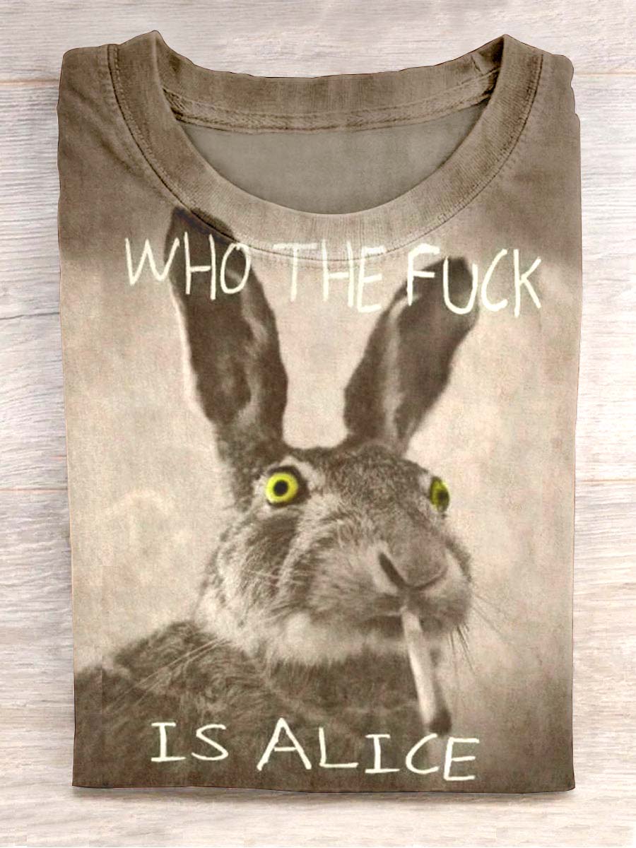 Unisex Smoking Bunny Print Casual Tee