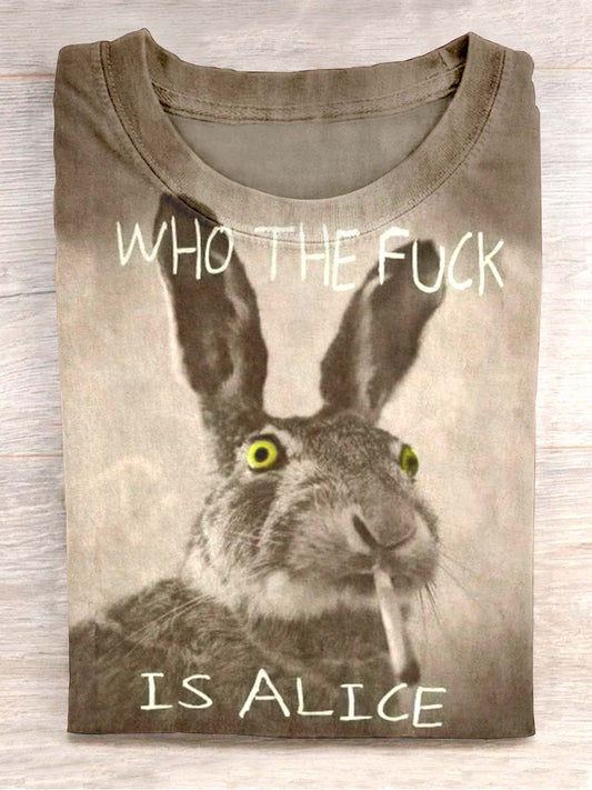 Unisex Smoking Bunny Print Casual Tee