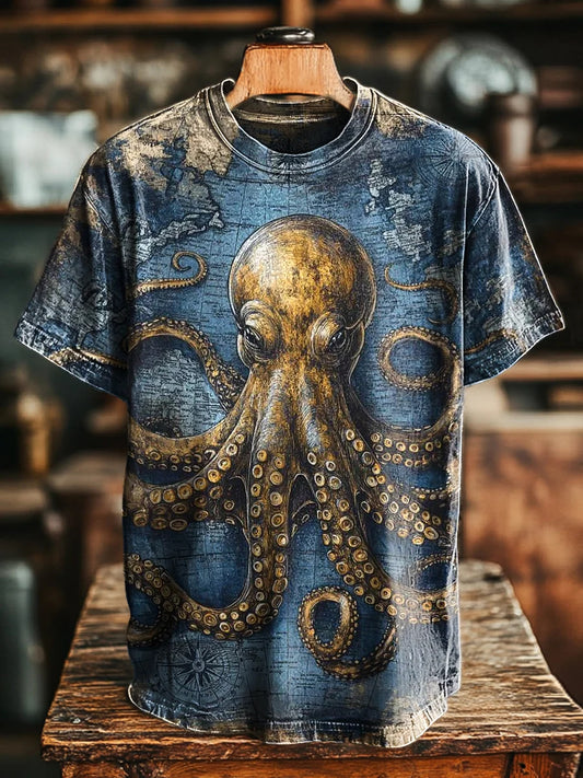 Unisex Vintage Octopus Nautical Map Print Tee