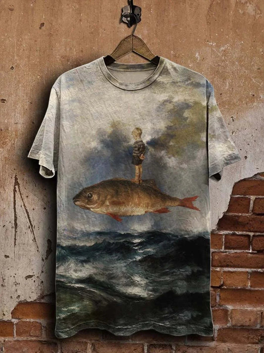 Funny Abstract Flying Fish Print Casual Tee