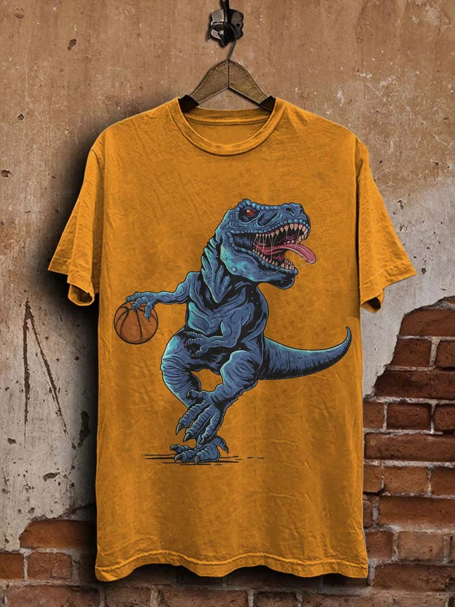 Funny Dinosaur Basketball Print Casual Tee
