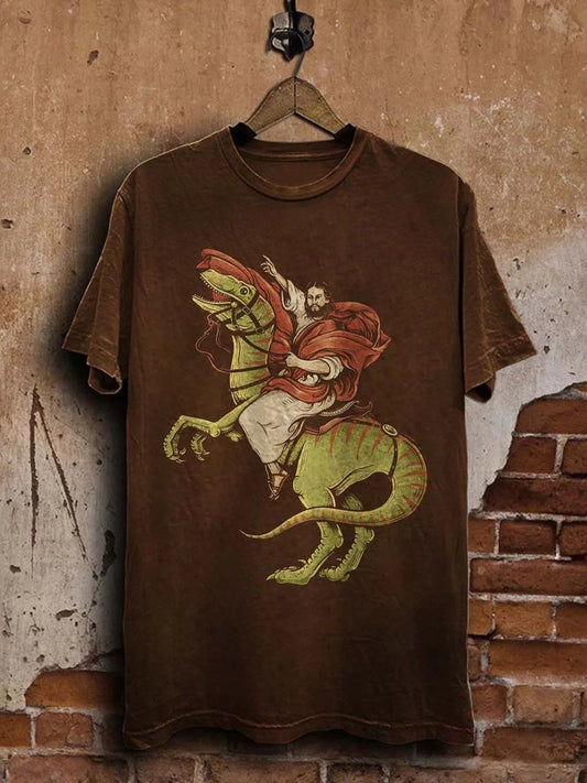 Funny Dinosaur Jesus Print Casual Tee