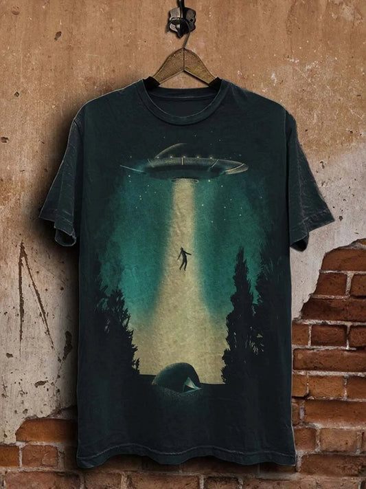 Unisex Retro Alien Spaceship Print Casual Tee