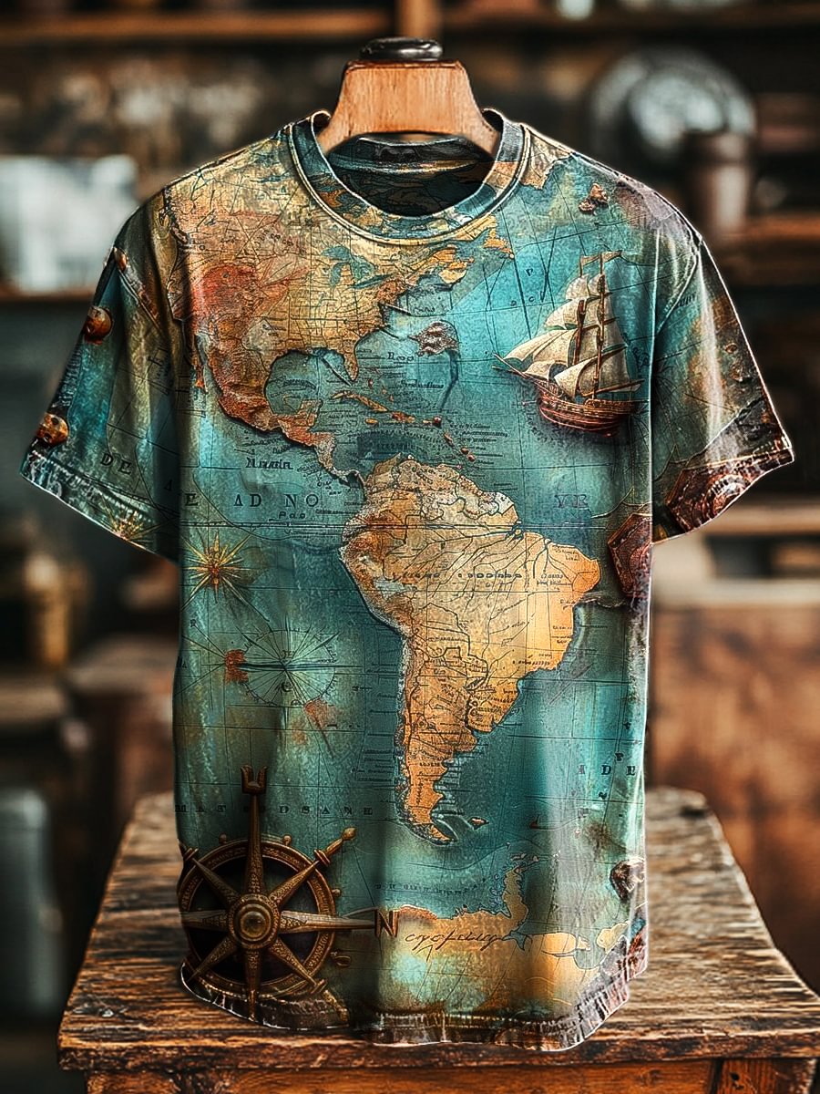 Unisex Vintage Nautical Map Printed Casual Loose Tee