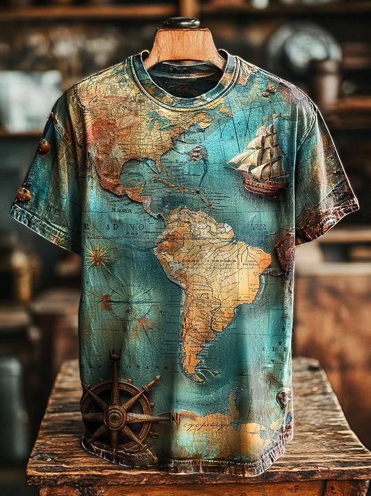 Unisex Vintage Nautical Map Printed Casual Loose Tee