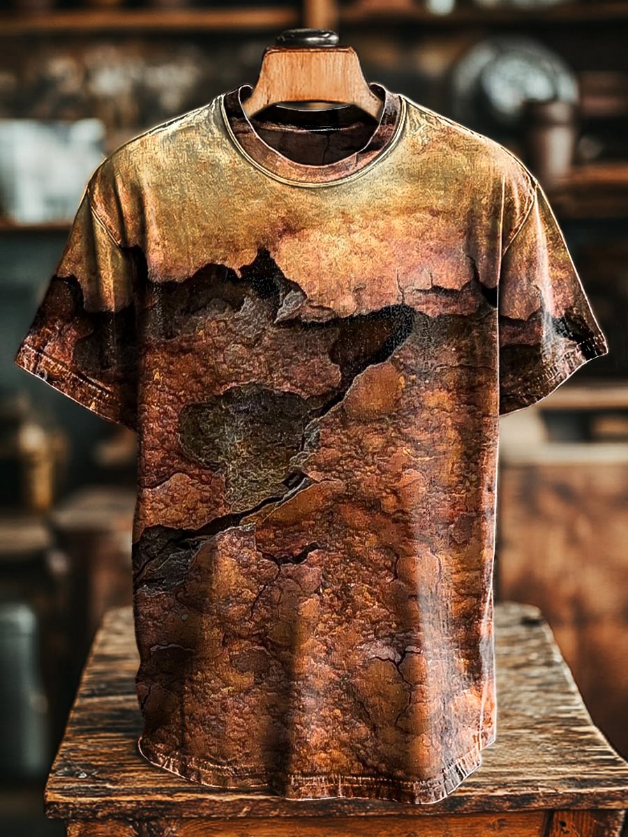 Unisex Vintage Aged Rust Crackle Printed Casual Loose Tee