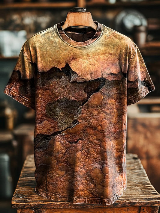 Unisex Vintage Aged Rust Crackle Printed Casual Loose Tee