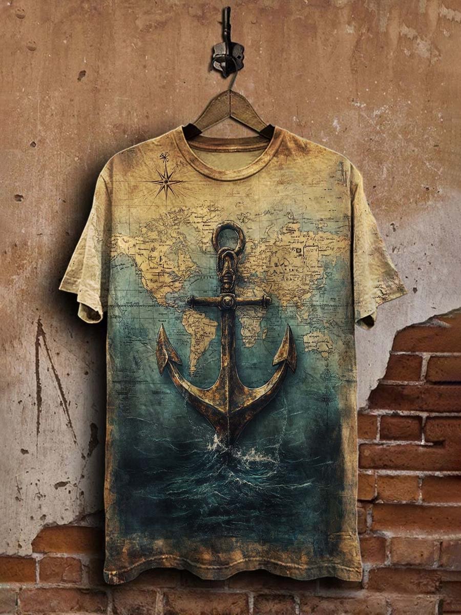 Unisex Vintage Nautical Anchor Print Casual  Tee
