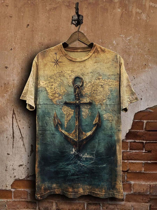 Unisex Vintage Nautical Anchor Print Casual  Tee
