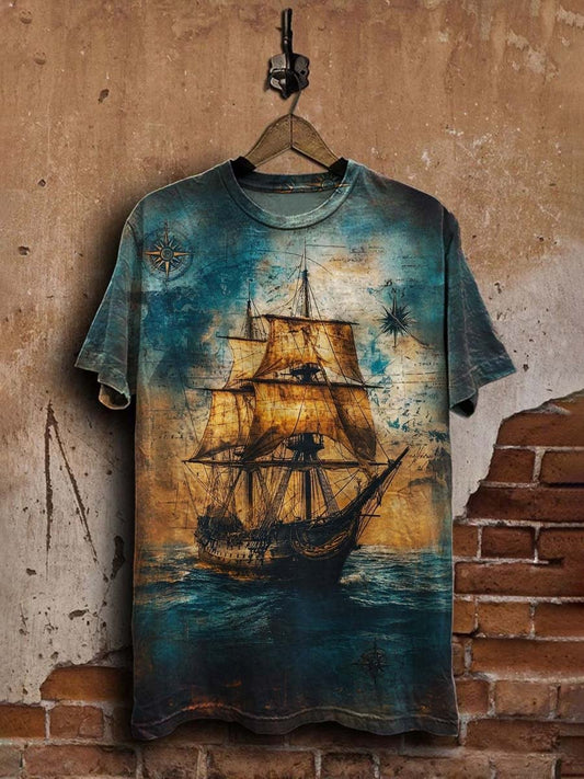 Unisex Vintage Nautical Ship Print Casual  Tee