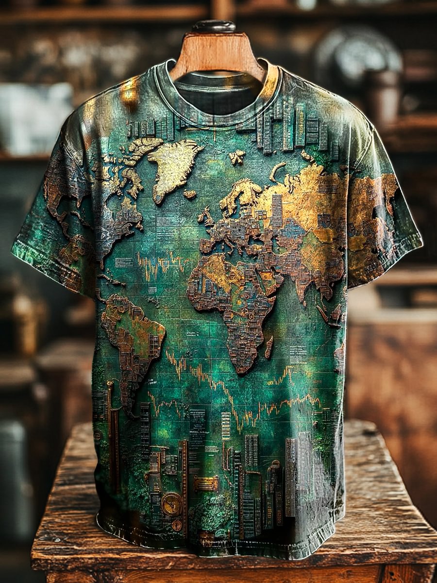Unisex Retro 3D Map Abstract Printed Casual Loose Tee
