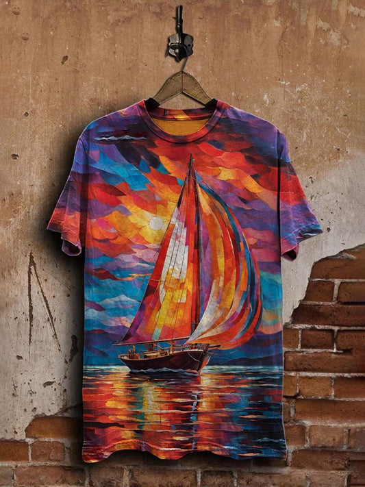 Unisex Abstract Colorful Sunset Sailboat  Casual  Tee