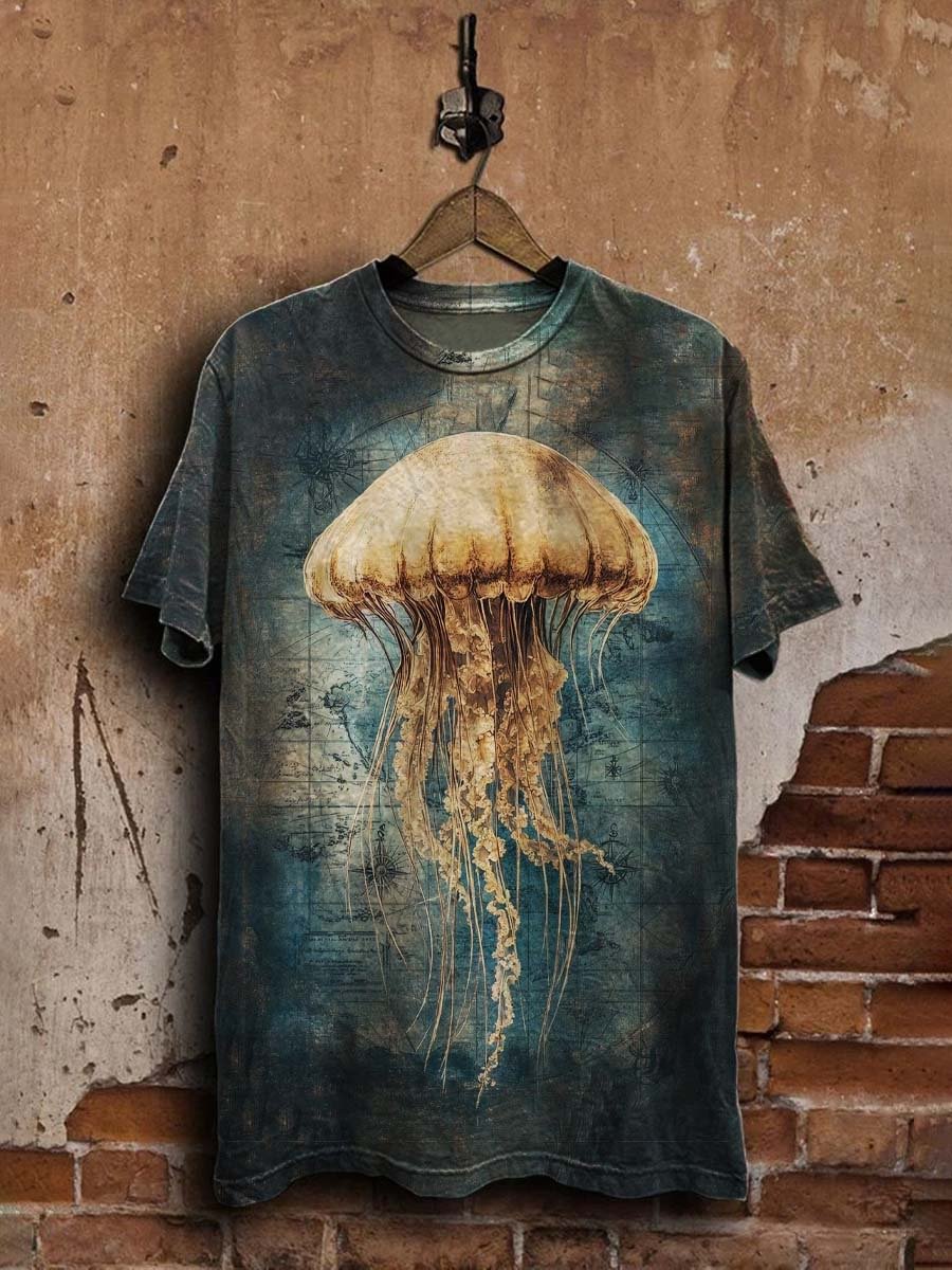 Unisex Vintage Nautical Jellyfish Print Casual  Tee