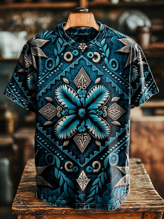 Unisex Vintage Symmetrical Geometric Floral Print Casual Loose Tee