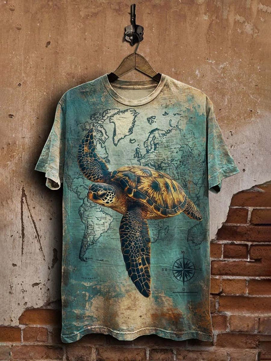 Unisex Vintage Nautical Turtle Print Casual Tee