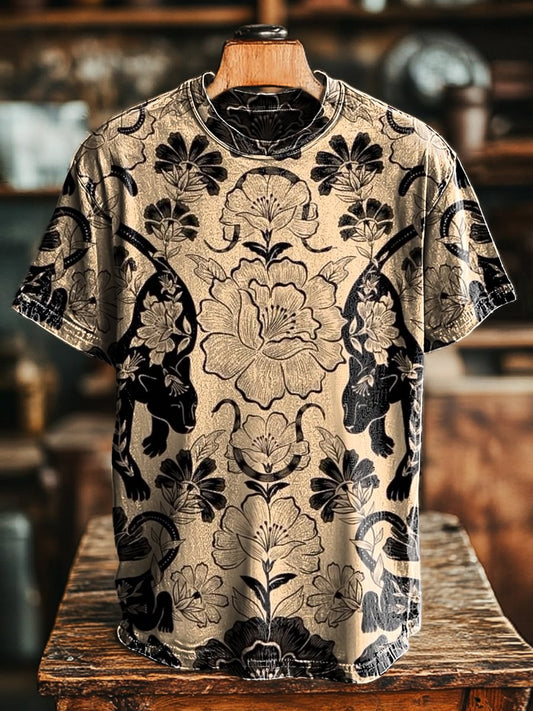 Unisex Vintage Symmetrical Floral Print Casual Loose Tee