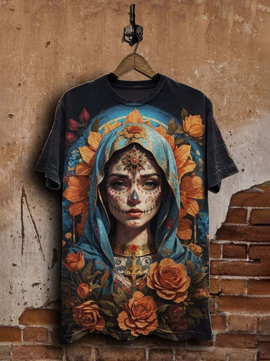 Unisex Vintage Day of the Dead Skull Print Casual Tee