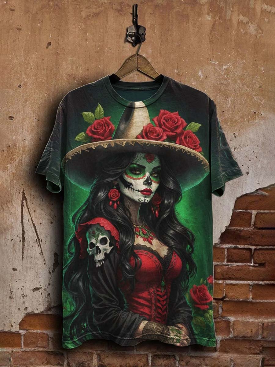Unisex Vintage Day of the Dead Floral Skull  Casual  Tee