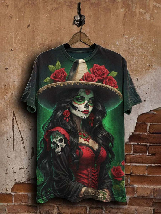 Unisex Vintage Day of the Dead Floral Skull  Casual  Tee