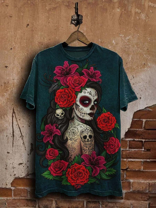 Unisex Vintage Day of the Dead Floral Casual Skull  Tee