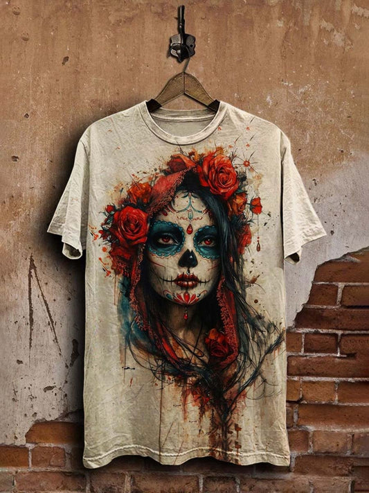 Unisex Vintage Day of the Dead Floral Skull Print Tee