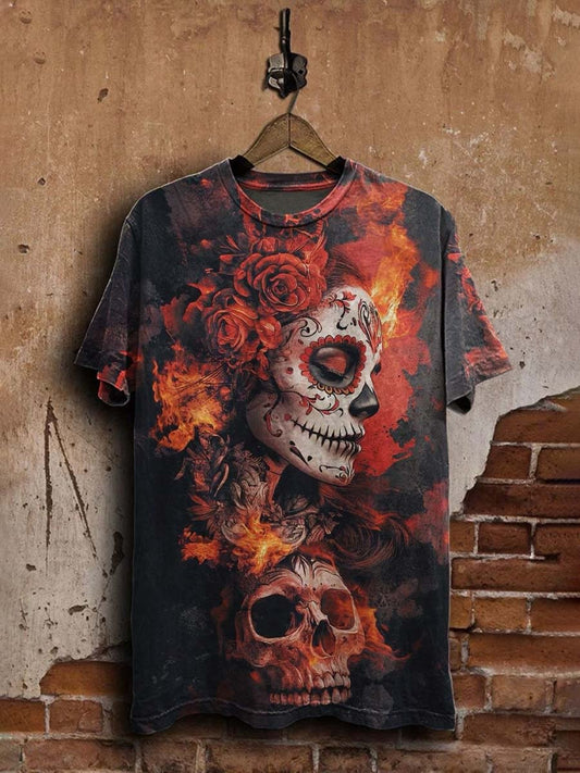 Unisex Vintage Day of the Dead Skull  Casual Print Tee