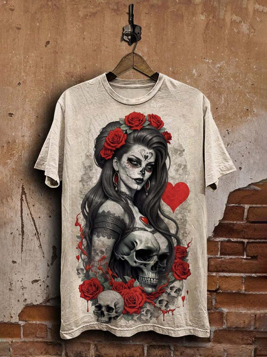 Unisex Vintage Day of the Dead Skull Print Tee