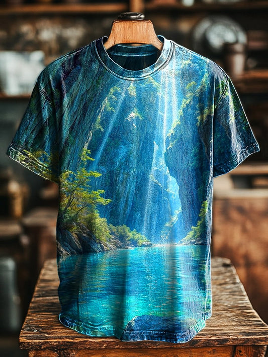 Unisex Vintage Landscape Waterfall Art Print Casual Loose Tee