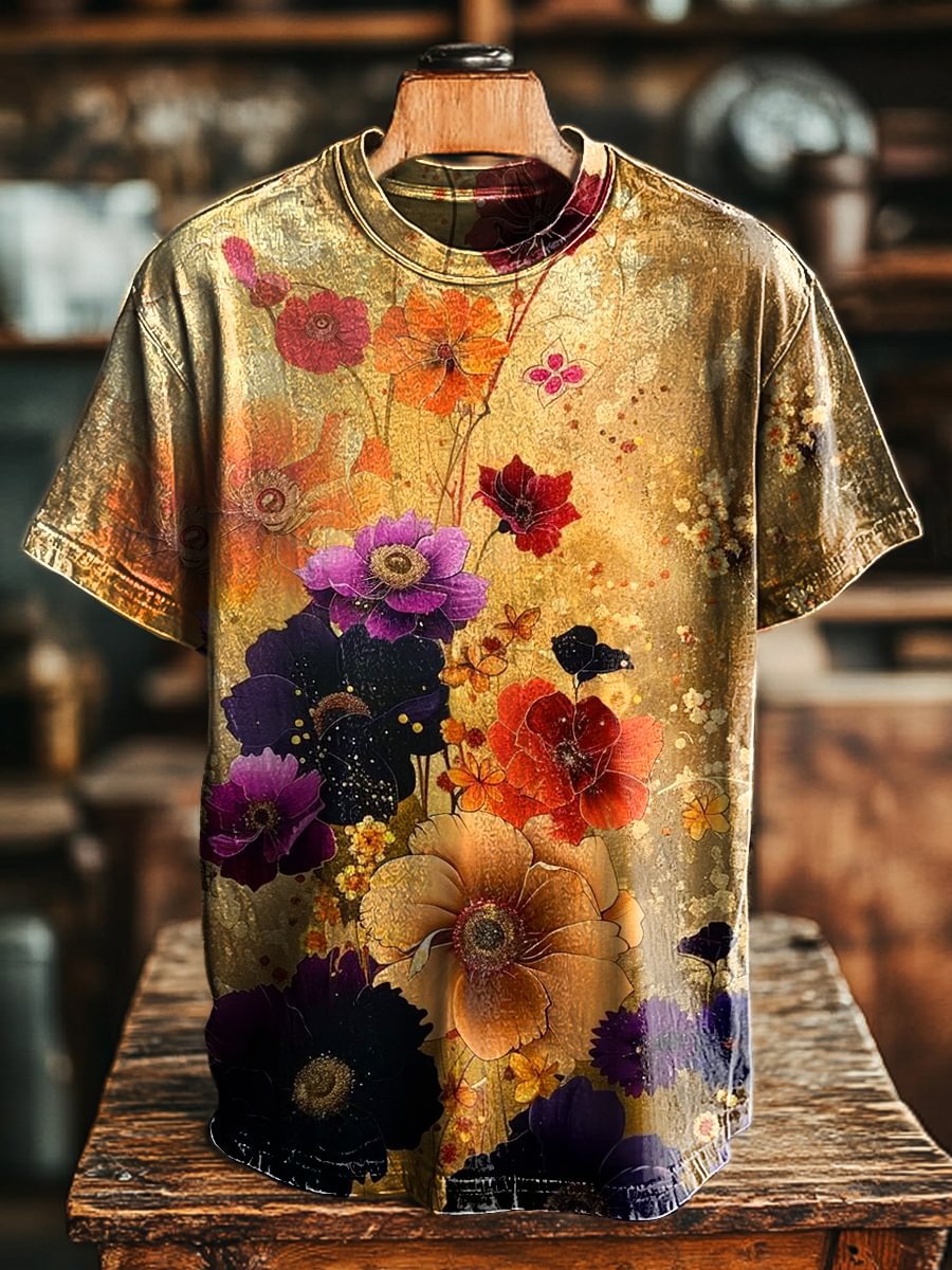 Unisex Vintage Floral Art Print Casual Loose Tee